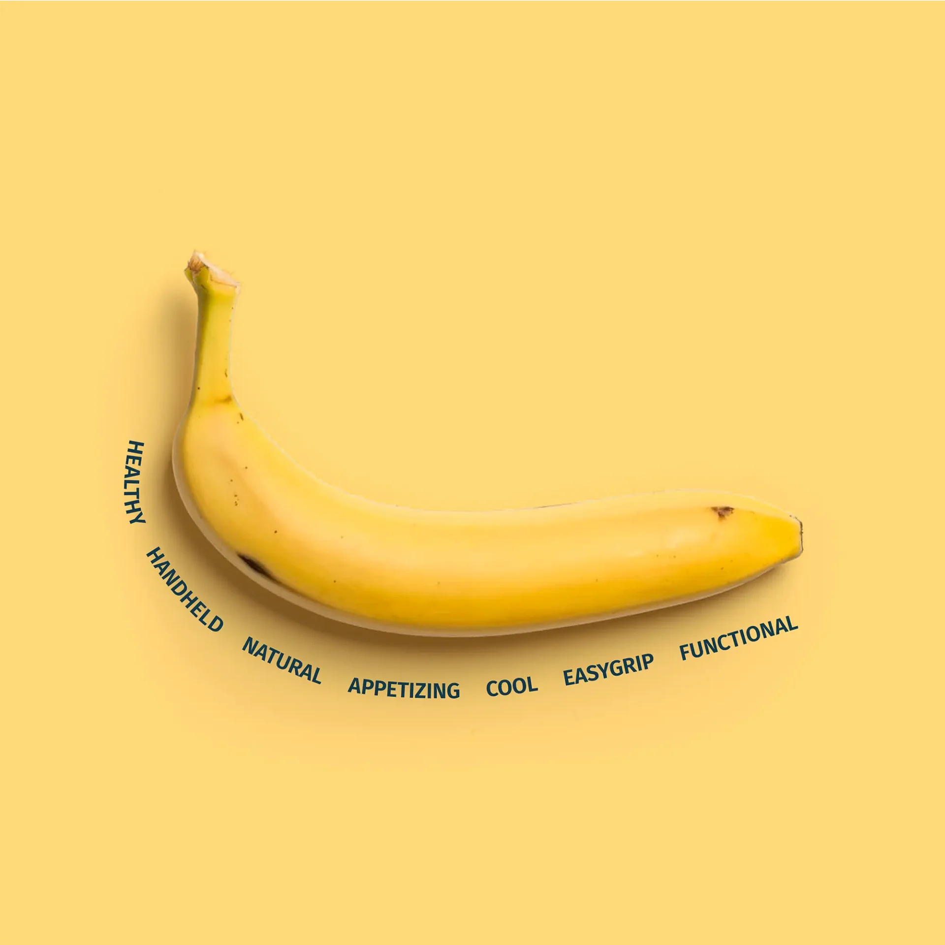 Plátano con sus cualidades: healthy, handheld, natural, appetizing, cool, easygrip, functional