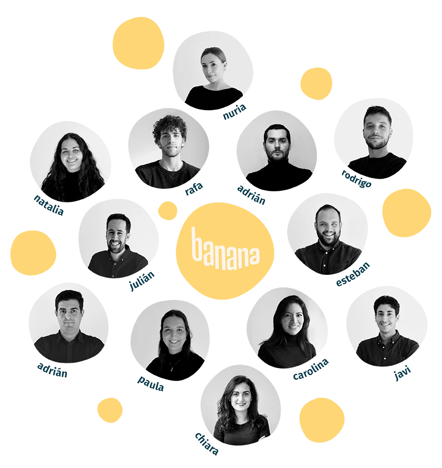 El equipo de Banana: nuria, natalia, rafa, adrián, rodrigo, julián, esteban, adrián, paula, carolina, javi y chiara